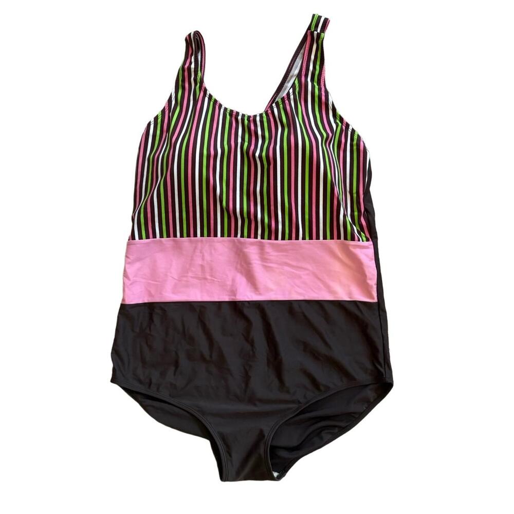 Ulla Popken Swimsuit Womens Size 16 18 Brown Pink OnePiece Striped Y2K Vintage